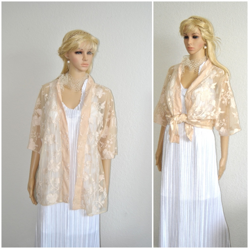 Floral Kimono Top Sheer Blazer Nude Blouse